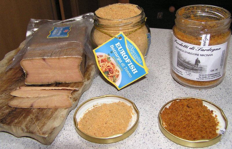 From left to right, Bottarga di Tonno from Sicily in pressed block form (I paid 20 for this block), then the same in granulated form (8 for this bottle), and Bottarga di Muggine Macinata from Sardinia in granulated form (8 for this bottle)